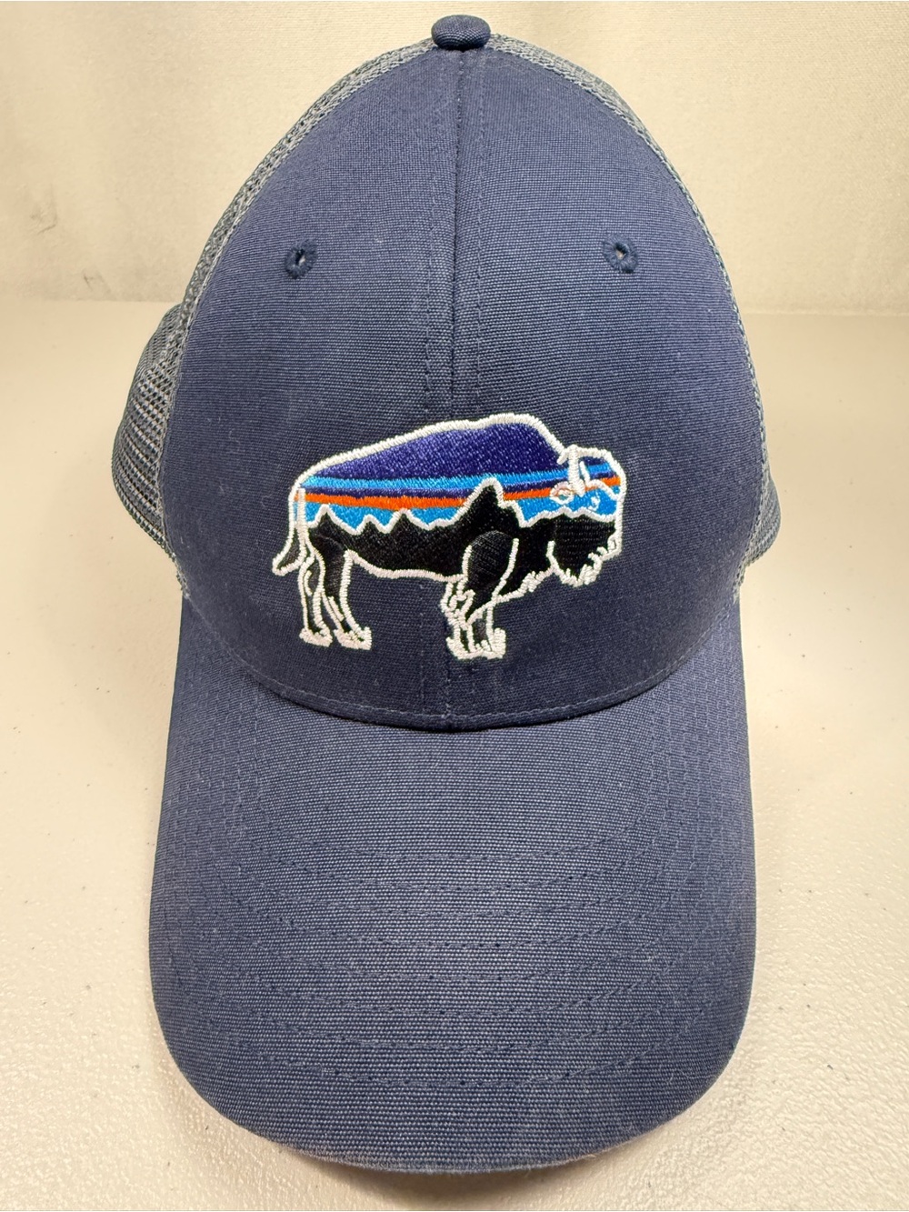 Patagonia Hat Mens Snapback Trucker Fitz Roy Bison Embroidered Navy Blue Cap